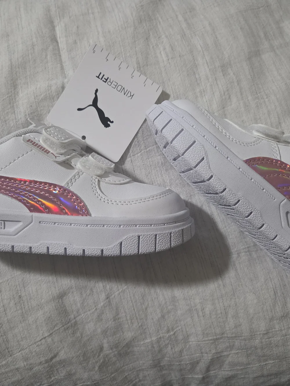 Puma Kids White Sneakers with Iridescent Pink Side Stripe